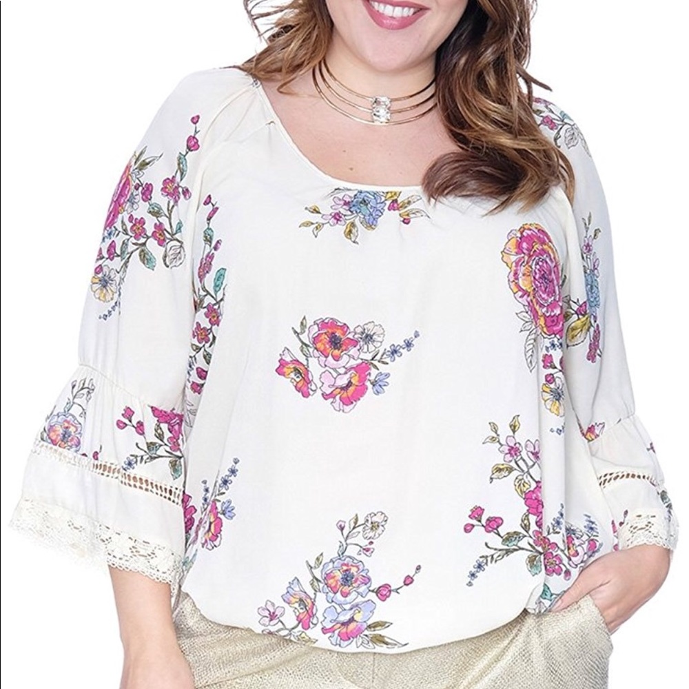 Eyeshadow Ivory Floral Trumpet Sleeve Top 3X